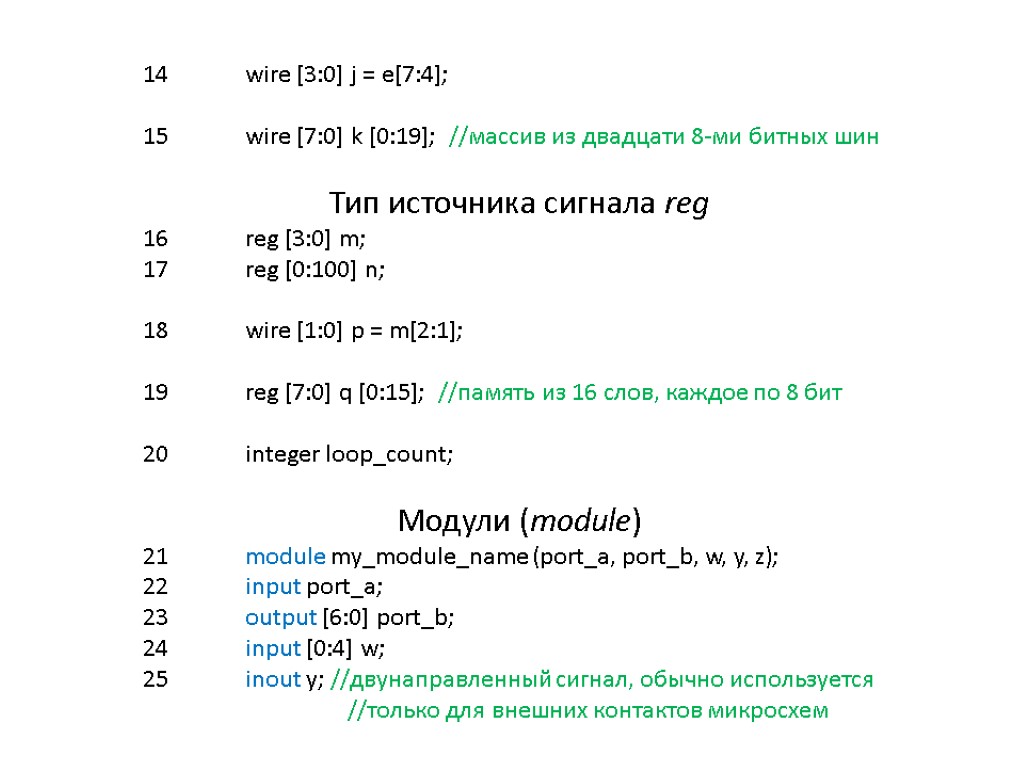 14 wire [3:0] j = e[7:4]; 15 wire [7:0] k [0:19]; //массив из двадцати